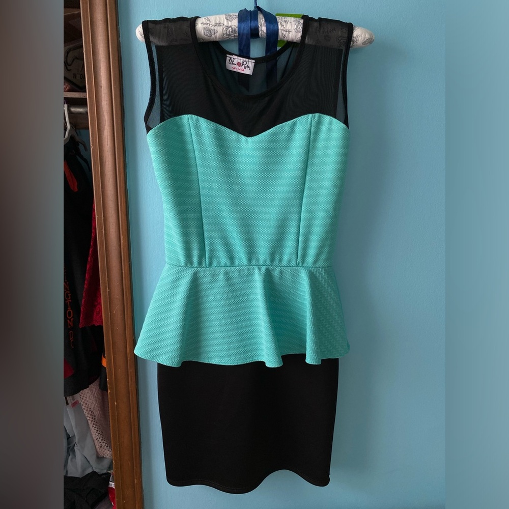 Black and teal peplum dress